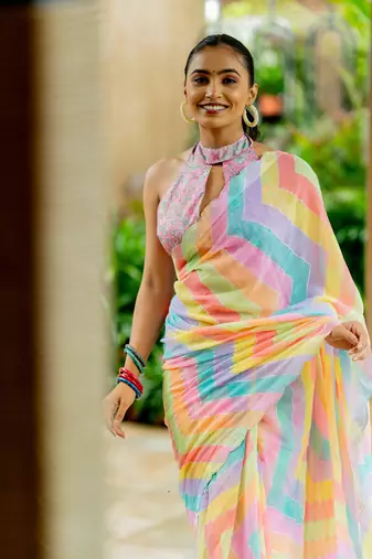 Multicolor georgette foil print chevron zig zag stone work border saree with unstitched blouse piece