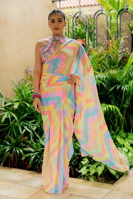 Multicolor georgette foil print chevron zig zag print gotta pati lace border saree with unstitched blouse piece 1