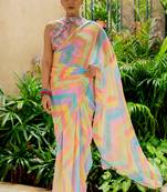Multicolor georgette foil print chevron zig zag print gotta pati lace border saree with unstitched blouse piece