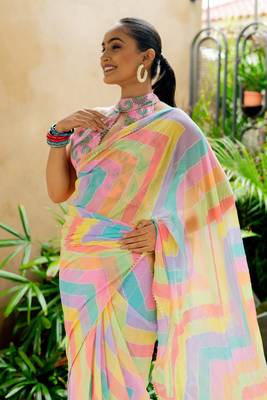 Multicolor georgette foil print chevron zig zag print gotta pati lace border saree with unstitched blouse piece 4