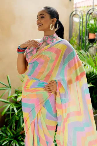 Multicolor georgette foil print chevron zig zag print gotta pati lace border saree with unstitched blouse piece