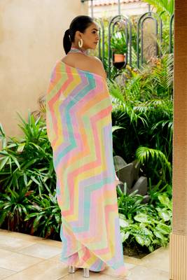 Multicolor georgette foil print chevron zig zag print gotta pati lace border saree with unstitched blouse piece 5