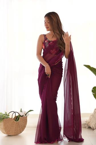 Wine solid, embroidery work blouse georgette saree with blouse piece