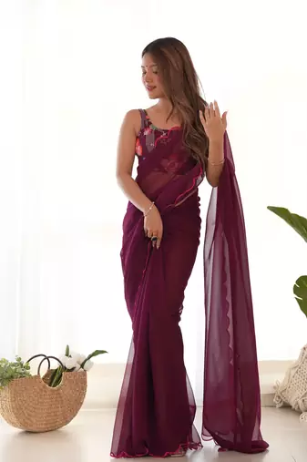 Wine solid, embroidery work blouse georgette saree with blouse piece
