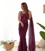 Wine solid, embroidery work blouse georgette saree with blouse piece