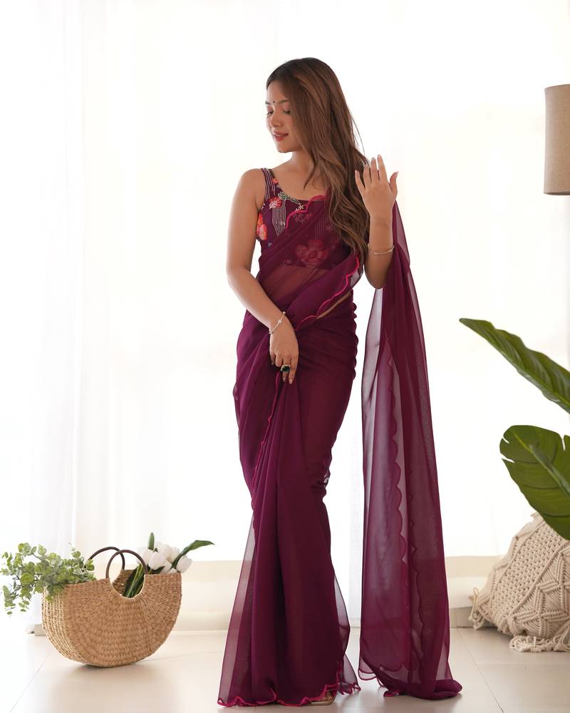 Wine solid, embroidery work blouse georgette saree with blouse piece