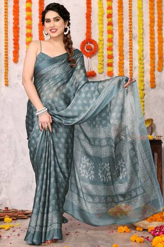 Dusty greyish blue chiffon block print printed saree with unstitched blouse piece