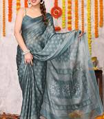 Dusty greyish blue chiffon block print printed saree with unstitched blouse piece