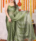 Olive green chiffon block print printed saree with unstitched blouse piece