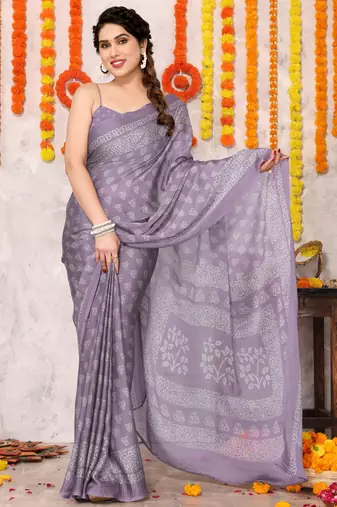 Dusty purple chiffon block print printed saree with unstitched blouse piece