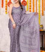 Dusty purple chiffon block print printed saree with unstitched blouse piece