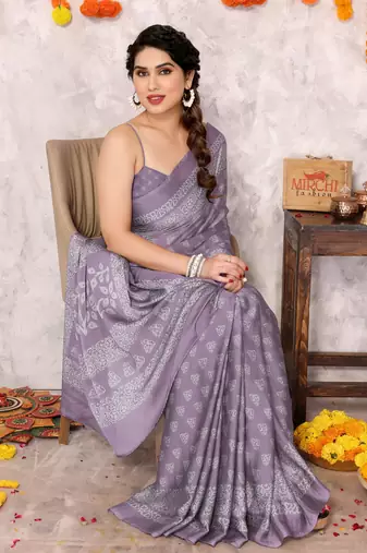 Dusty purple chiffon block print printed saree with unstitched blouse piece