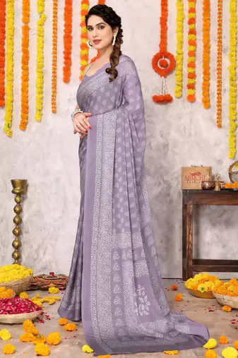 Dusty purple chiffon block print printed saree with unstitched blouse piece