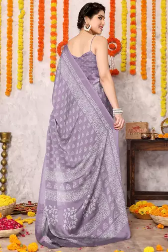 Dusty purple chiffon block print printed saree with unstitched blouse piece