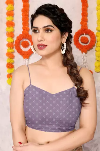 Dusty purple chiffon block print printed saree with unstitched blouse piece