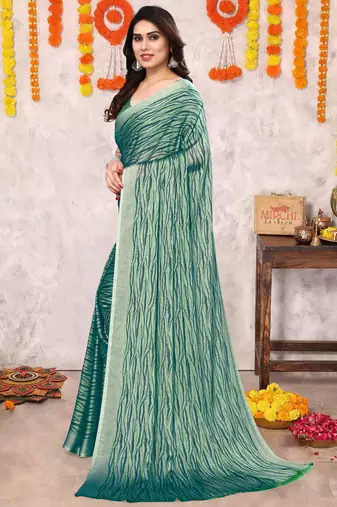 Light dusty green chiffon abstract print printed saree with unstitched blouse piece