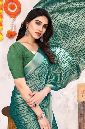 Light dusty green chiffon abstract print printed saree with unstitched blouse piece