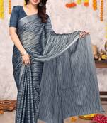 Dark dusty blue chiffon abstract print printed saree with unstitched blouse piece