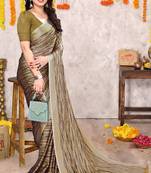 Light dusty mustard chiffon abstract print printed saree with unstitched blouse piece