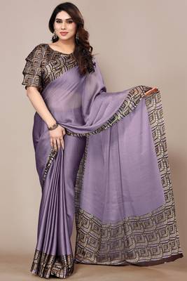 Dusty purple chiffon plain geometric print printed saree with unstitched blouse piece 1
