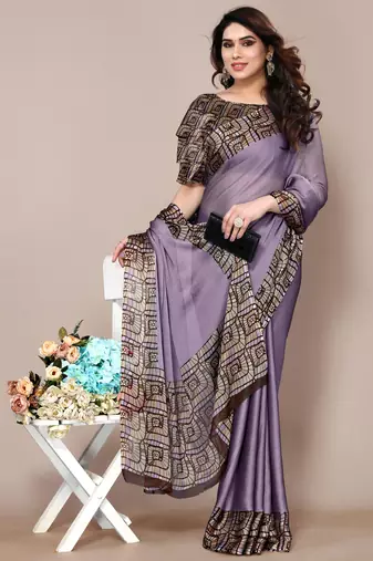 Dusty purple chiffon plain geometric print printed saree with unstitched blouse piece