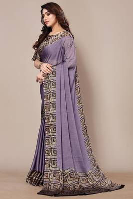 Dusty purple chiffon plain geometric print printed saree with unstitched blouse piece 3