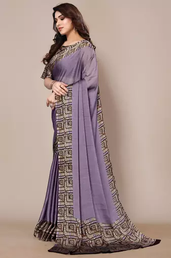 Dusty purple chiffon plain geometric print printed saree with unstitched blouse piece