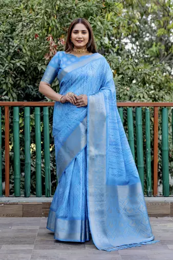 Blue wevon pallu border designer,digital printed dola silk saree with blouse piece