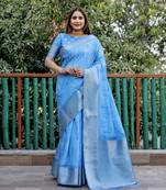 Blue wevon pallu border designer,digital printed dola silk saree with blouse piece
