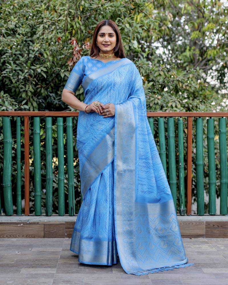 Blue wevon pallu border designer,digital printed dola silk saree with blouse piece