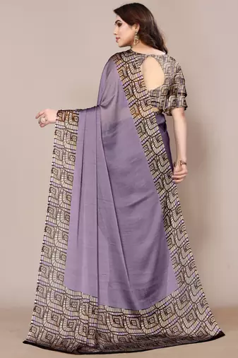 Dusty purple chiffon plain geometric print printed saree with unstitched blouse piece