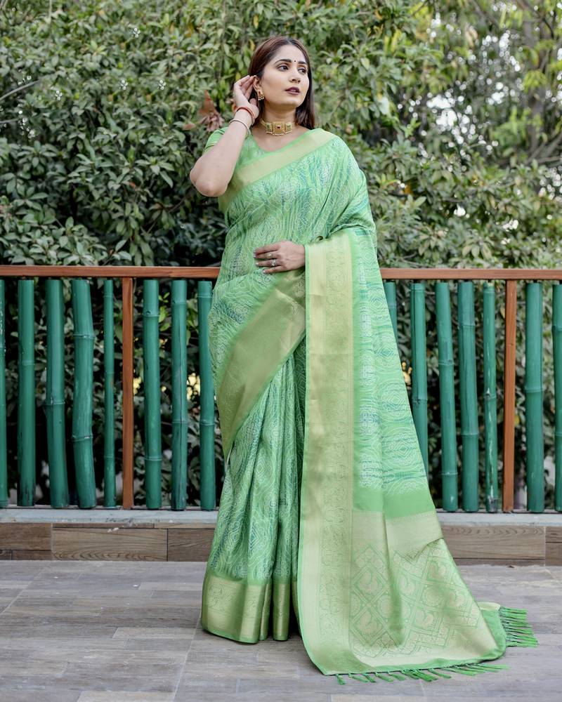 Green wevon pallu border designer,digital printed dola silk saree with blouse piece