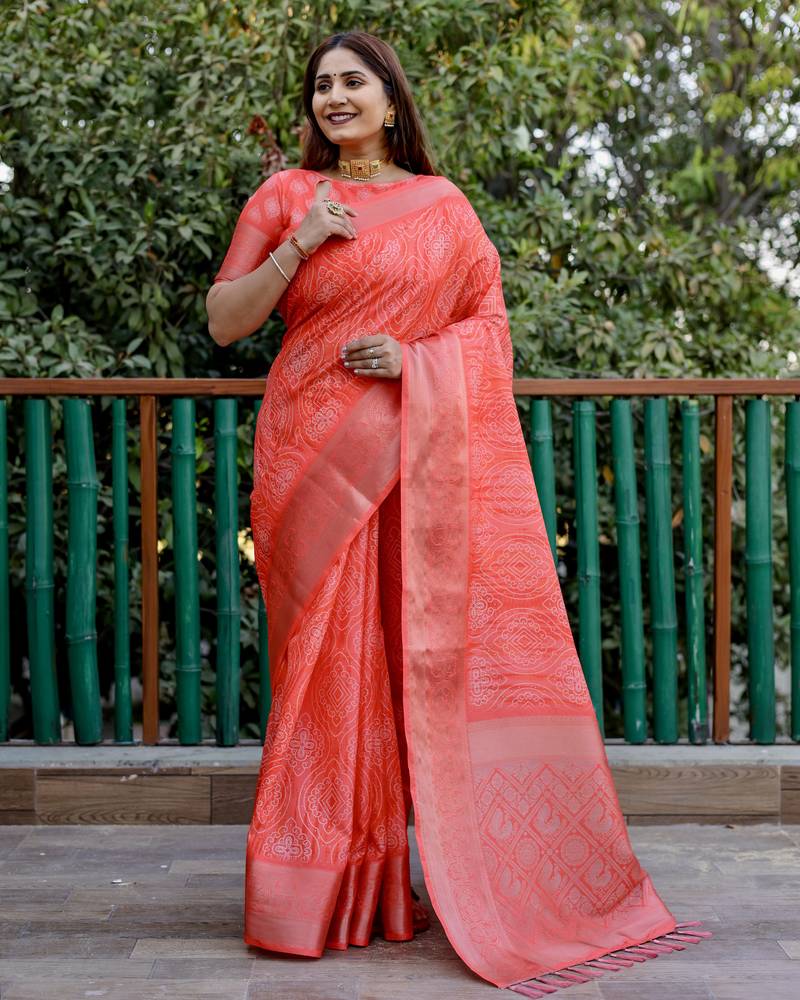 Red wevon pallu border designer,digital printed dola silk saree with blouse piece