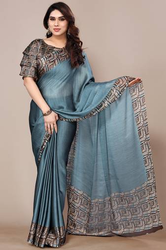 Greyish blue chiffon plain geometric print printed saree with unstitched blouse piece