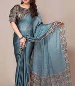 Greyish blue chiffon plain geometric print printed saree with unstitched blouse piece