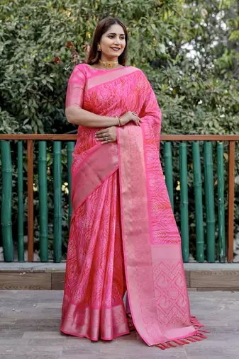 Pink wevon pallu border designer,digital printed dola silk saree with blouse piece