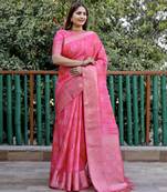 Pink wevon pallu border designer,digital printed dola silk saree with blouse piece