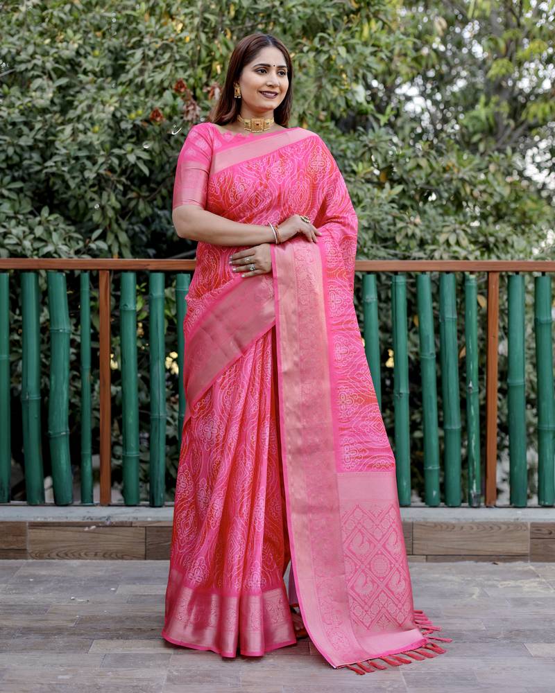 Pink wevon pallu border designer,digital printed dola silk saree with blouse piece