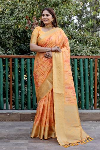 Organge wevon pallu border designer,digital printed dola silk saree with blouse piece
