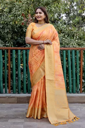 Organge wevon pallu border designer,digital printed dola silk saree with blouse piece