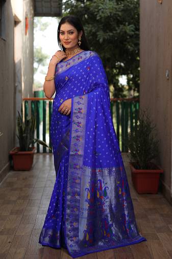 Blue wevon paithani designer,bandhej printed dola silk saree with blouse piece