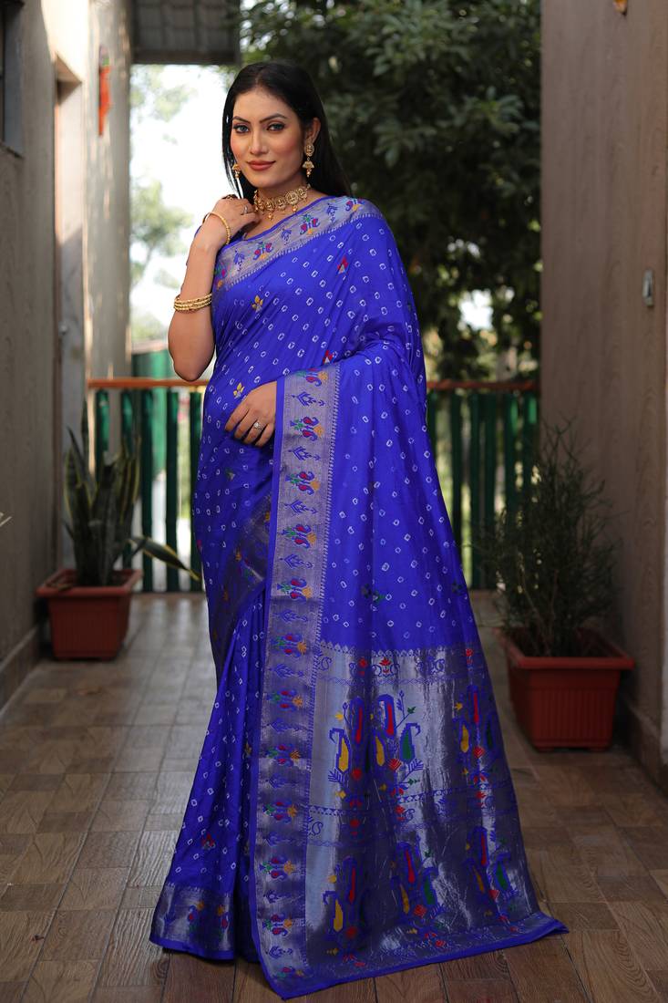 Blue wevon paithani designer,bandhej printed dola silk saree with blouse piece
