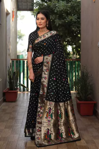 Black wevon paithani designer,bandhej printed dola silk saree with blouse piece