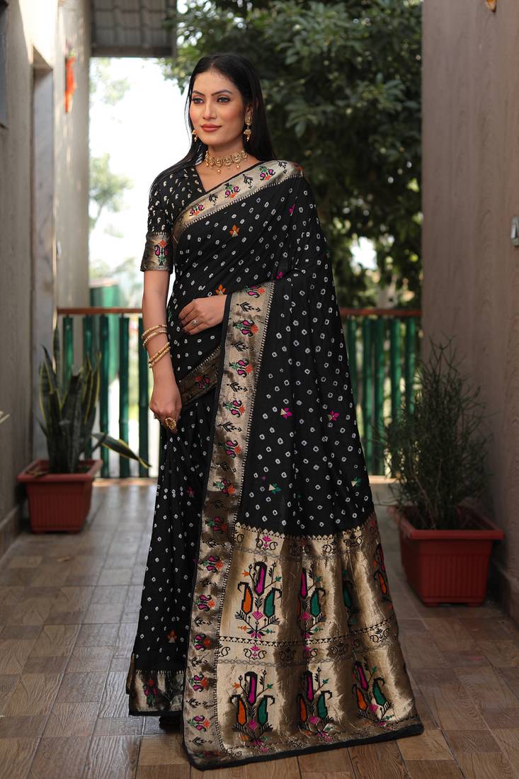 Black wevon paithani designer,bandhej printed dola silk saree with blouse piece
