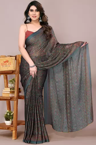 Dark grey chiffon kalamkari print printed saree with unstitched blouse piece