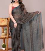 Dark grey chiffon kalamkari print printed saree with unstitched blouse piece