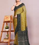 Mustard chiffon aztec warli print printed saree with unstitched blouse piece