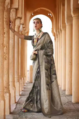 Grey weaving designer,h p printed foil  viscose silk saree with blouse piece