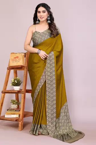 Dark mustard chiffon solid abstract print printed saree with unstitched blouse piece