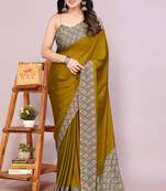 Dark mustard chiffon solid abstract print printed saree with unstitched blouse piece